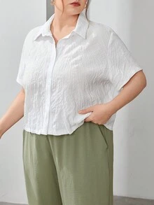 SHEIN Essnce Kích thước lớn Màu thuần Áo sơ mi Với Kết cấu - trắng - Xem 5