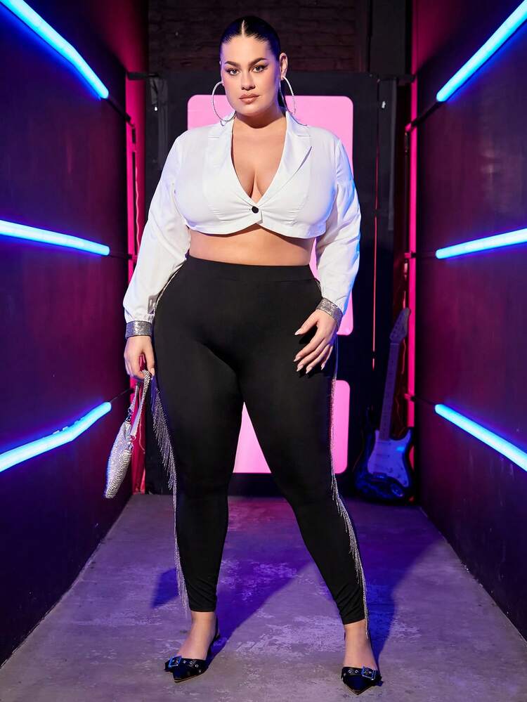 Plus Size Music Festival Sexy Backless Short Shirt With Rhinestone Chain Decoration