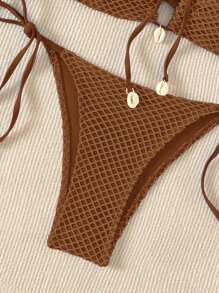 SHEIN Swim Bộ đồ tắm có họa tiết trơn dành cho nữ đi biển mùa hè & Bộ bikini đáy bơi - Cà phê nâu - Xem 5