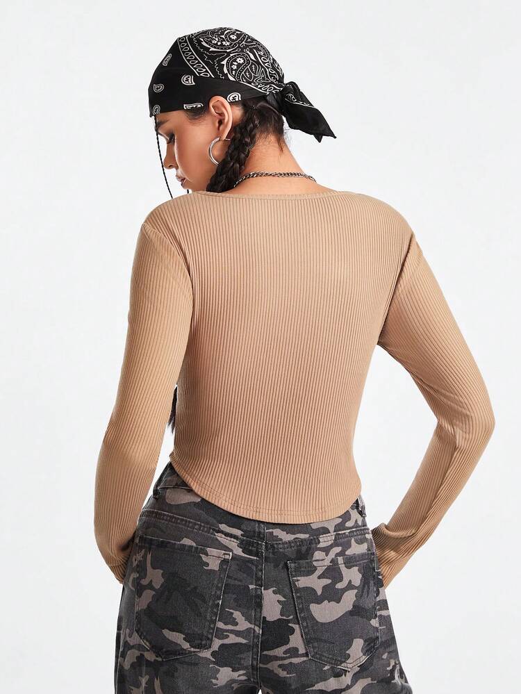 Solid Color Ribbed Knit Sports T-Shirt