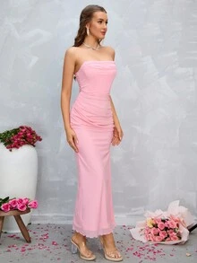 PARTHEA Ruched Split Thigh Mesh Tube Dress - Baby Pink - View 6