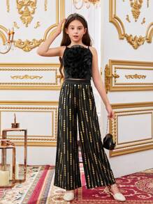 SHEIN Tween Girls' Cute Flower-Shaped 3d Cami Top And Wide Leg Pants Set With Foil Print - Black - View 4