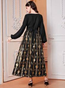 Modelyn Women'S Square Neck Button Decorated Lantern Sleeve Dress - Black - View 2