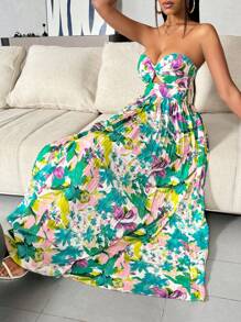 Breezaya Floral Printed Hollow Out Pleated Strapless Dress