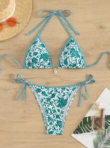 SHEIN Swim Summer Beach Ladies' Plant Printed Halter Neck Separates Bikini Set - Green - View 1