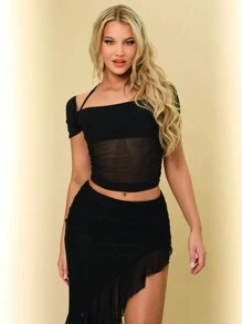 SHEIN BAE 网眼拼接半透明褶皱T恤 - 黑色 - 查看 4