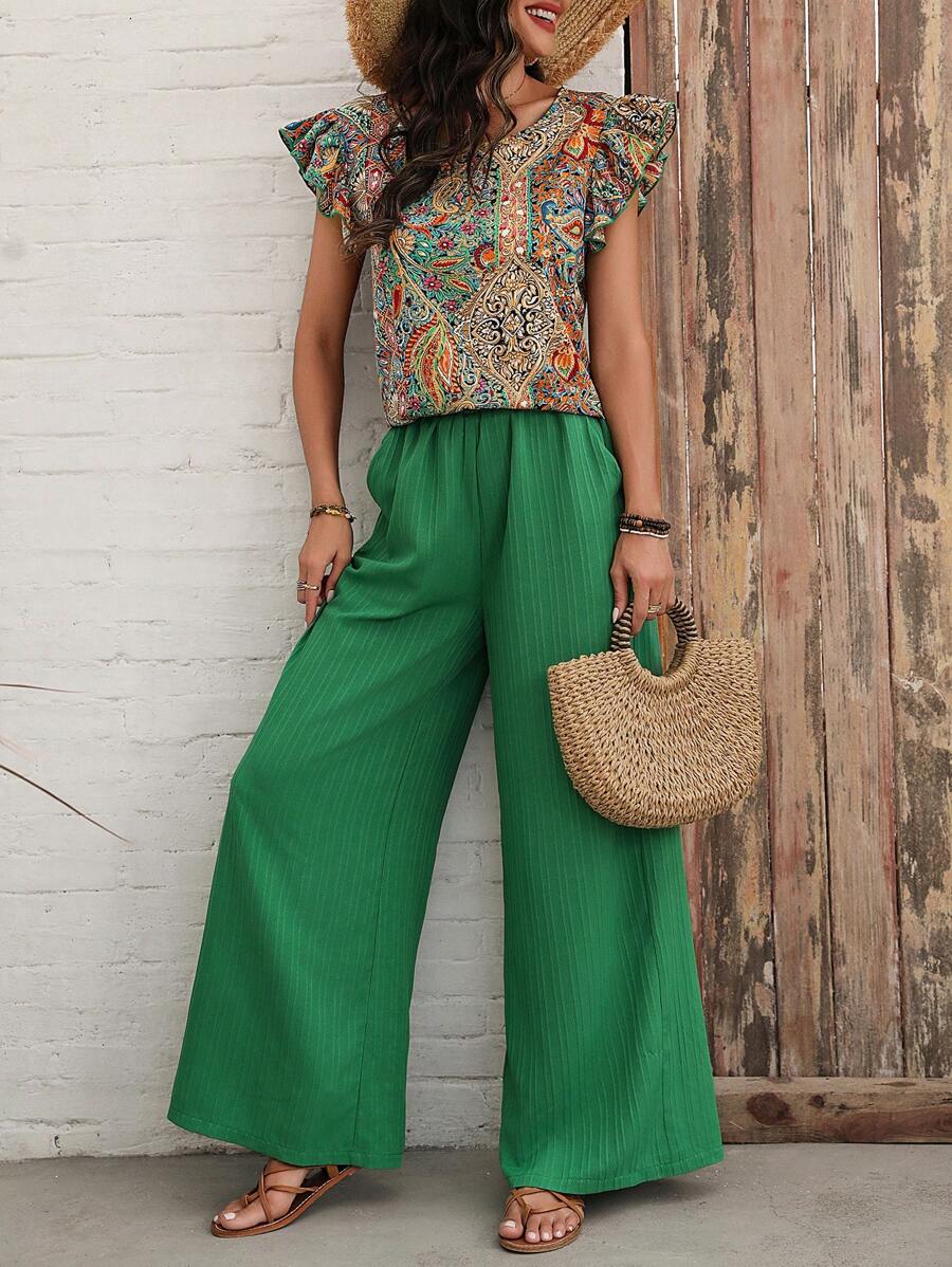 SHEIN LUNE 女款植物图案印花盖袖上衣和裤子套装 - 彩色 - 查看 1