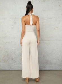 SHEIN BAE Màu Quả mơ Lanh Halterneck Vắt Không đối xứng Dải Băng Đàn hồi Đã thu thập Nhựa Khóa Đồ trang trí Mùa hè Kỳ nghỉ Dài Của phụ nữ Rộng chân Áo liền quần - Màu be - Xem 2