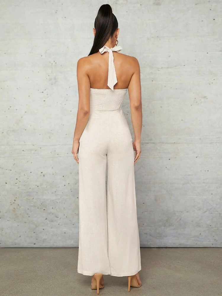 Apricot Linen Halterneck Draped Asymmetric Streamers Elastic Gathered Resin Buckle Decoration Summer Vacation Long Women's Wide-Leg Jumpsuit