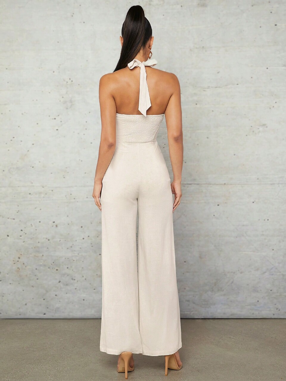 Apricot Linen Halterneck Draped Asymmetric Streamers Elastic Gathered Resin Buckle Decoration Summer Vacation Long Women's Wide-Leg Jumpsuit