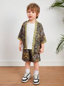 SHEIN 2pcs/Set Young Boys' Casual College Style Soft Retro Full Floral Print Short Sleeve Shirt And Shorts, Suitable For Spring, Summer And Autumn - Brown - View 7