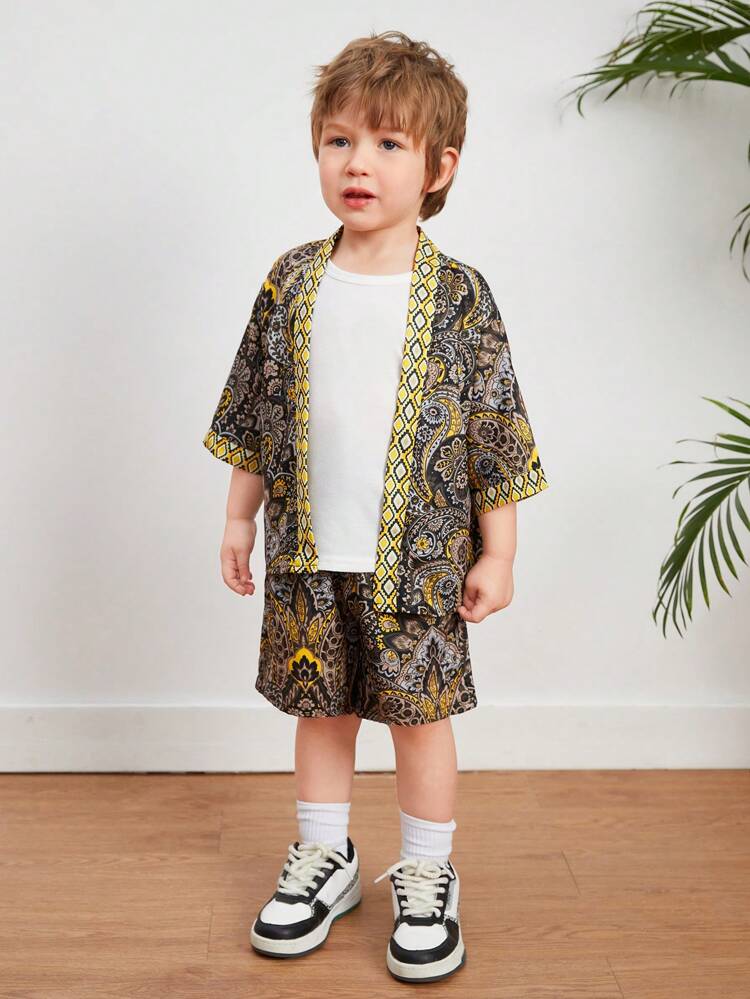 2pcs/Set Young Boys' Casual College Style Soft Retro Full Floral Print Short Sleeve Shirt And Shorts, Suitable For Spring, Summer And Autumn