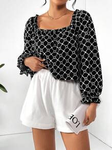 SHEIN Essnce 女士钻石格星印花方领泡泡袖衬衫和高腰阔腿短裤两件套 #Easter - 黑與白 - 查看 5