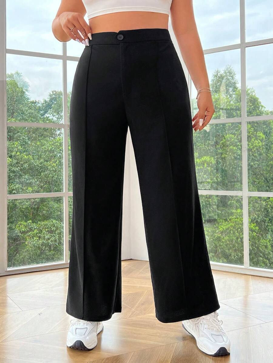 SHEIN EZwear 大碼日常休閒舒適純色直筒褲 - 黑色 - 查看 1