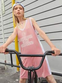 Streetz SHEIN Sport Women's Letter Print Vest And Shorts Sports Suit - Pink - View 5