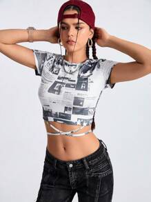 Streetz SHEIN Sport Waist-Tied Newspaper Print Cropped Round Neck Short Sleeve Workout T-Shirt - Multicolor - View 5