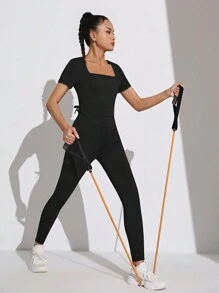 SHEIN Ensemble De Survêtement De Sport Pour Ado Filles, Col Carré Plissé En Tricot Uni Et Pantalon - Noir - Voir 6