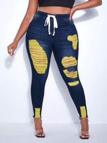 SHEIN SXY Kích thước lớn Khối màu Đau khổ Thon gọn Quần jean - Rửa tối - Xem 6