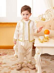 SHEIN Baby Boys' Satin Panel & Woven Tape Decor Long Sleeve Top And Pants Set
