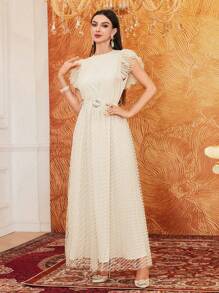 Modelyn Đầm dạ hội dài không tay lưới xếp nếp màu trơn cho nữ - Màu be - Xem 5