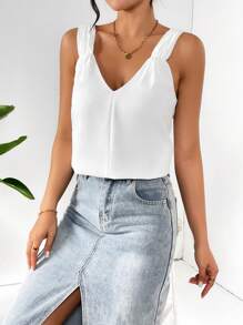 SHEIN Essnce 女款夏季無袖上衣，獨特肩帶、褶皺和時尚設計，適合作為內搭 - 白色 - 查看 5