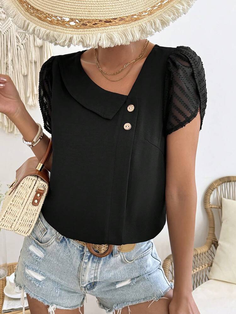 Women's Asymmetric Collar Petal Short Sleeve Blouse Summer Black Casual