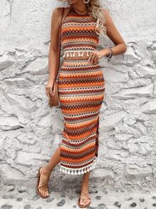 Breezaya Summer Crochet Multicolor Style Fringe Hem Halter Neck Vest And Skirt Set - Multicolor - View 4