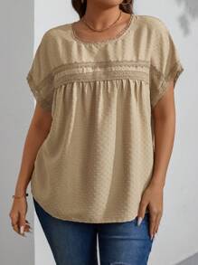 SHEIN LUNE 大尺寸紋理面料拼接蕾絲邊緣絲帶休閒襯衫