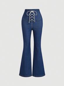 SHEIN MOD Crossed Strap Flared Jeans, Denim Effect - Medium Wash - View 1