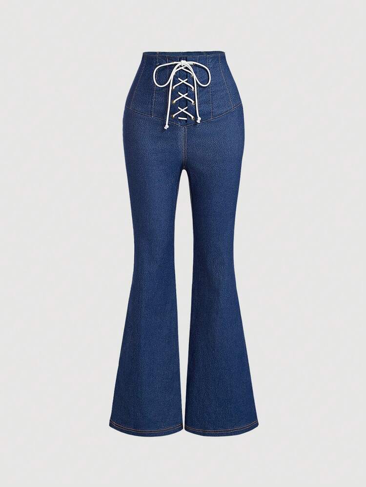 Crossed Strap Flared Jeans, Denim Effect