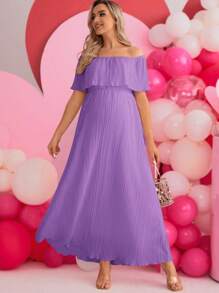 SHEIN Maternity Solid Off-Shoulder Ruffle Trim Dress - Mauve Purple - View 3