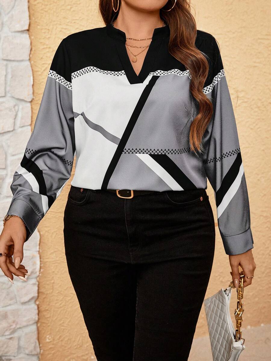 SHEIN LUNE Women's Plus Size Striped Notched V-Neck Long Sleeve Shirt - Multicolor - View 1