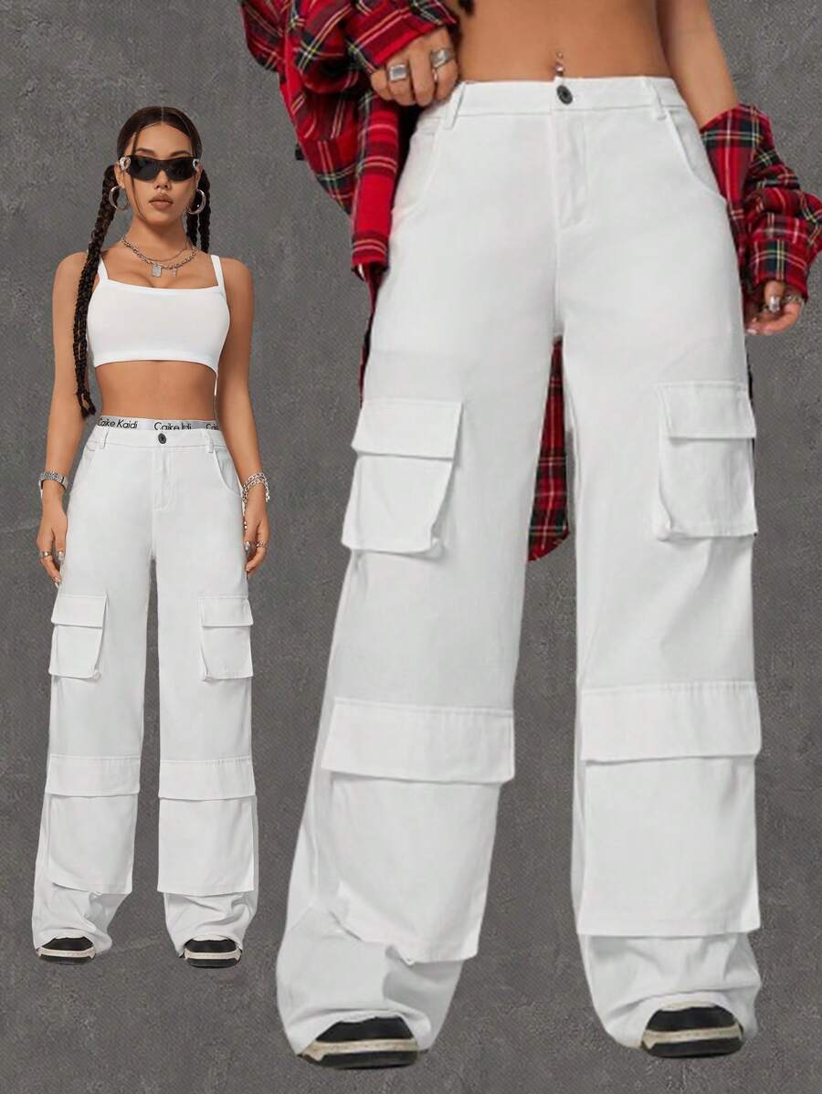 SHEIN EZwear 女士纯色多口袋宽腿宽松休闲工装裤 - 灰色 - 查看 1