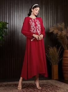 Al Najma 酒红色花朵刺绣灯笼袖缺口领口连衣裙