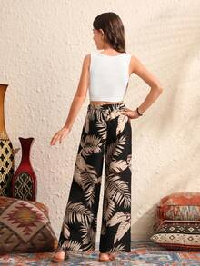 SHEIN 兩件套preteen女孩針織單色修身休閒背心,植物印花寬鬆長褲 - 白色 - 查看 2