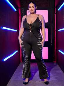 SHEIN SXY 大碼綁染印花性感細肩吊帶連身褲,適用於音樂節和度假 - 黑與白 - 查看 4