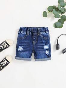 SHEIN Baby Boy Ripped Denim Shorts - Dark Wash - View 1