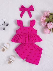 Baby Girl Heart Print Ruffle Trim Peplum Top & Shorts