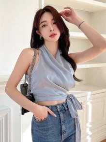 DAZY Áo kiểu không tay màu trơn, kiểu vạt chéo phía trước, áo tank top không tay, áo crop top nữ, áo đi chơi, trang phục đi du lịch cho nữ. - Màu xanh nhạt - Xem 4