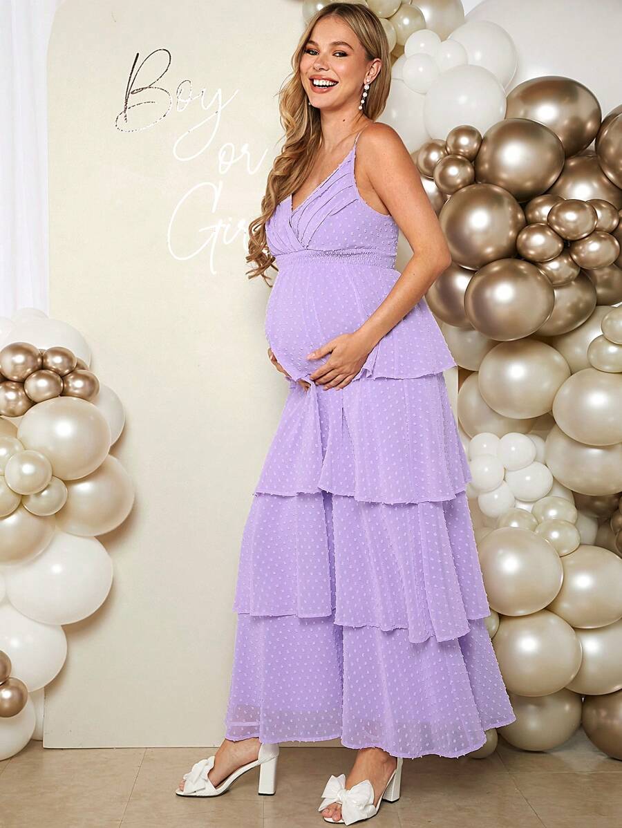SHEIN Loomaby Maternity Elegant & Romantic Gender Reveal Party Spaghetti Strap Dress Baby Shower Dress - Purple - View 1