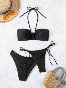 SHEIN Swim 1 套女士纯色三角比基尼套装 - 1 件带细肩带的露背吊带上衣、1 件侧系带三角下装和 1 条纯色三角内裤夏季海滩 - 黑色 - 查看 7