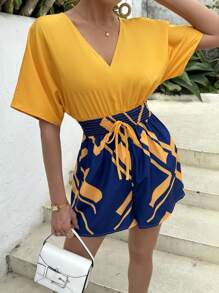 EMERY ROSE Cổ chữ V Dây rút không lưng Khối màu In hoa Romper - Nhiều màu - Xem 3