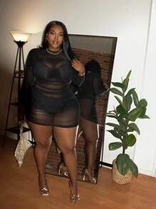 Slaydiva 大尺碼性感網紗修身連衣裙,擺褶細節和透明設計 - 黑色 - 查看 4