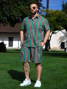 Manfinity RSRT Juego De Camisa Y Shorts De Rayas De Talla Grande Para Hombre - Multicolor - Ver 1