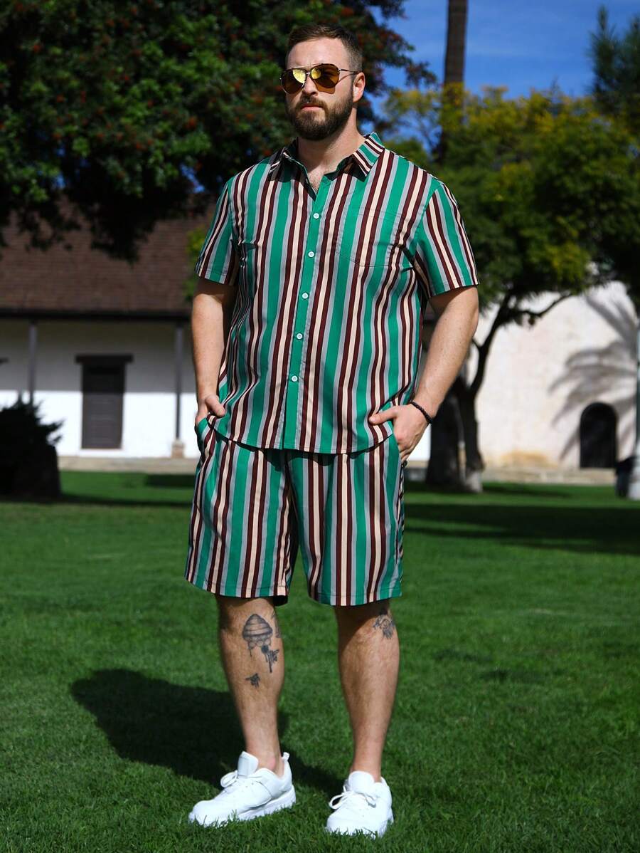 Manfinity RSRT Juego De Camisa Y Shorts De Rayas De Talla Grande Para Hombre - Multicolor - Ver 1