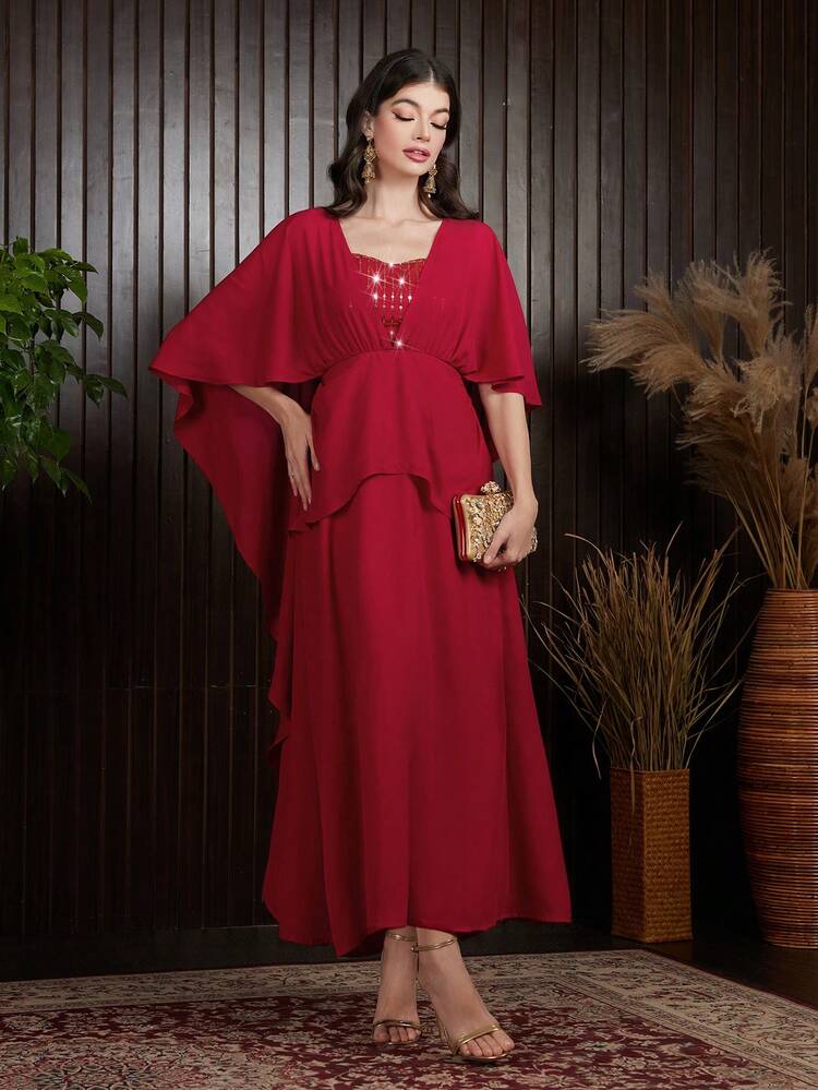 Women's Glittering Patchwork Cape Sleeve Bodycon Dress Long Evening Dresses