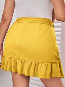 SHEIN Privé Plus Size Solid Color Wrap Style Skirt With Ruffle Hem And Tie Waist - Yellow - View 2