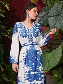 Al Najma Women's Arabic Lantern Sleeve Caftan Dress With Paisley Pattern - Blue - View 6