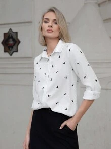 SHEIN Essnce Women's Bird Print Full Sleeve Shirt - Black and White - View 2