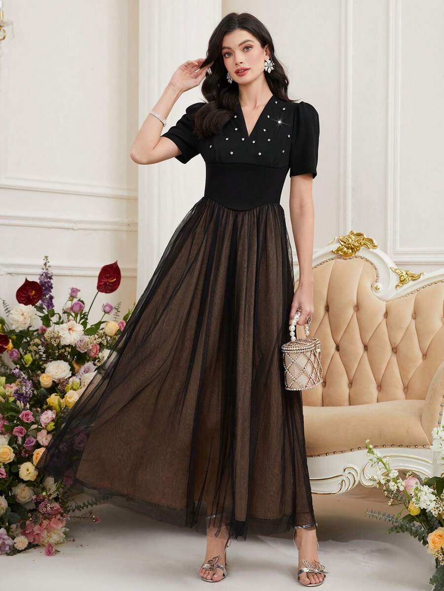 Modelyn Women's Short Puff Sleeve Arabian Style Dress With Rhinestones & Mesh Hem,Elegant Evening Party Dress Long Evening Dresses